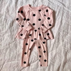 Grayson Mini Pink and Black Polkadot Peplum Sweatshirt & Pants, size 2T